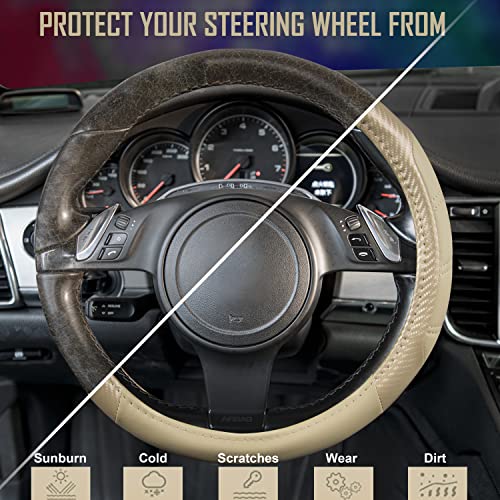 Line Rider Microfiber Leather Sporty Steering Wheel Cover Universal Fits for 95% Truck (Beige＆Carbon Fiber / Standard[14.5"-15"])