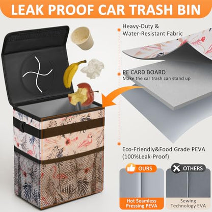 Car Trash Can with Lid Leak Proof Car Accessories for Women (2.2 Gallons / Pink Flamingos)