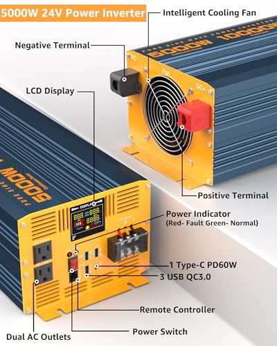 5000 Watt Power Inverter Pure Sine Wave 24V DC to 110V 120V 10000W Peak Heavy Duty Inverter with Remote Control and LED Display (5000W- 24V)
