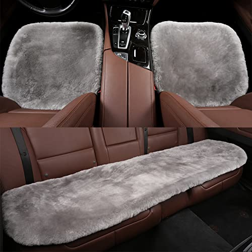 Genuine Sheepskin Car Seat Cushion Seat Covers for Cars Trucks SUV Comfort Seat Protector Pad for Car Driver Seat Car Accessories (Grey / 2 Front Seat Cushions & Bench Seat Cushion-3 Pcs)