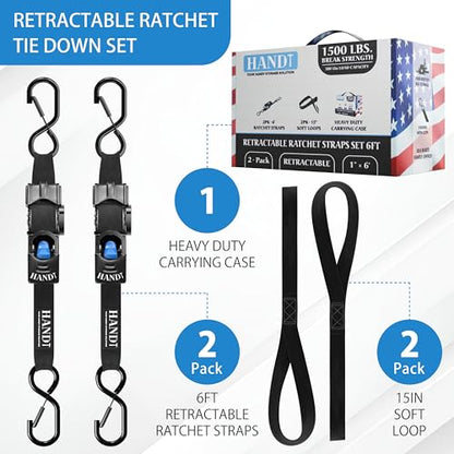 USA Based Retractable Ratchet Straps (1in x 6ft - 2 Pack / Black)