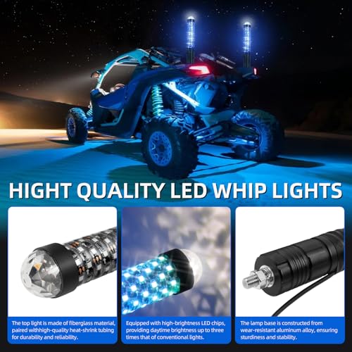 2Pack 1FT Fat Whip Lights New Upgraded Spiral LED Whip Light with Strobe Light RGB Chasing Dancing Lighted Antenna Whips W (Fat 2Pack 1FT)
