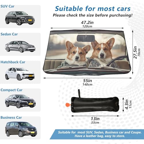 Windshield Sun Shade Umbrella Cute Corgi Dog Driving Car Foldable Car Front Window Sunshade Blocks UV Rays Heat Keep Vehicle Cool 55"x27.5" (multi 27)