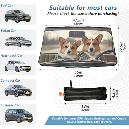 Windshield Sun Shade Umbrella Cute Corgi Dog Driving Car Foldable Car Front Window Sunshade Blocks UV Rays Heat Keep Vehicle Cool 55"x27.5" (multi 27)