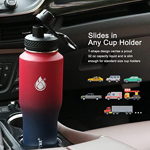 32oz Water Bottle Wide Mouth Stainless Steel Vacuum Insulated Double Wall with 2 Straw Lids Fit in Any Car Cup Holder (Carbon Red / 32 Ounces)