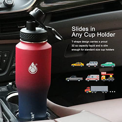 32oz Water Bottle Wide Mouth Stainless Steel Vacuum Insulated Double Wall with 2 Straw Lids Fit in Any Car Cup Holder (Carbon Red / 32 Ounces)
