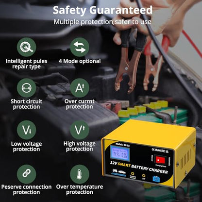 12 Volt Battery Charger 7A Smart Car Battery Charger and Maintainer with Cable Clamps (YELLOW-12)
