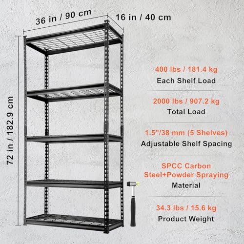 Storage Shelving Unit (Black / 36" L x 16" W x 72" H)