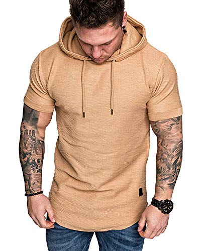 Mens Fashion Hoodies Sport Pullover Solid Color Shirt Workout Lightweight Tops Khaki (Small / Khaki1)