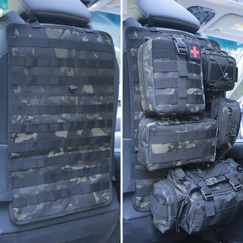 Universal Tactical Seat Back Organizer Vehicle Molle Panel Organizer Storage Bag with 5 Detachable Molle Pouch for All Vehicel Such as Jeep (B model-Black Camo)