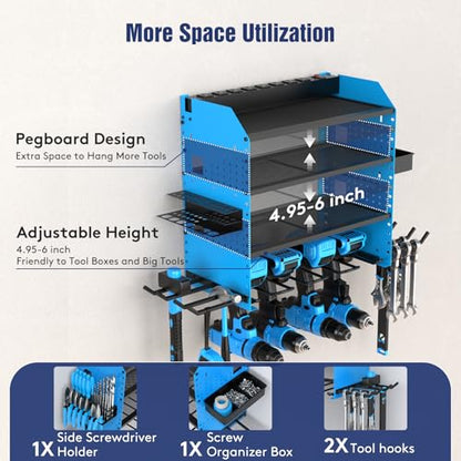 Heavy Duty Power Tool Organizer Wall Mount with Charging Station (Blue)