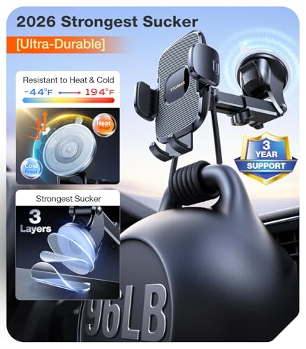 Ultra Durable Phone Holders for Your Car【96+LBS Strongest Suction】 Car Phone Holder Mount (Black)
