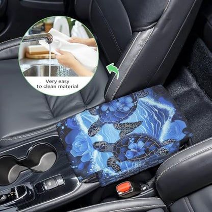 Sea Turtle Hibiscus Car Center Console Cover Soft Armrest Cover Cushion with Pockets Storage Bag Scratch Resistant Arm Rest Covering Middle Console Pad Car Decor (Sea Turtle Hibiscus Blue)
