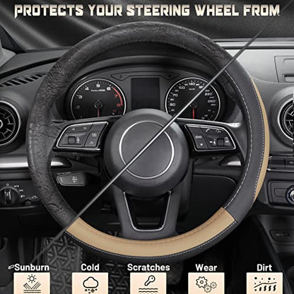 Car Steering Wheel Cover for Prius Civic Model 3 (Small size[14''-14 1/4''] / Black and Beige)