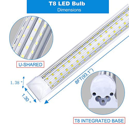 6-Pack, 8FT LED Shop Light, U Shape Integrated T8 LED Tube Light,18800LM, 144W, 6000K Cold Light, 8 Foot Linkable Shop Lights W/Built-in ON/Off Switch for Warehouse, Workshop (6 Count (Pack of 1))