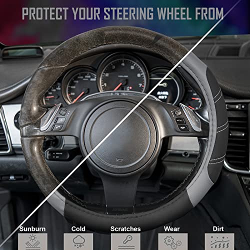 Line Rider Microfiber Leather Sporty Steering Wheel Cover Universal Fits for 95% Truck (Black＆Gray / Standard[14.5"-15"])