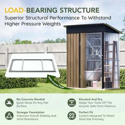 Vertical Outdoor Steel Storage Shed with Floor Frame (5X3FT/Base / Brown)