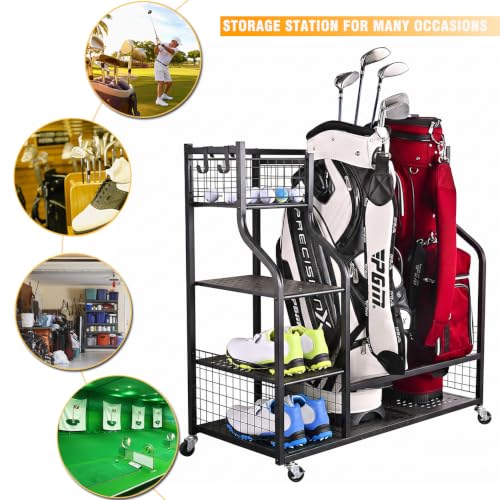 2 Golf Bags Rack Garage Storage Organizer Metal Black Storage Stand (Black(For 2 Golf Bags))