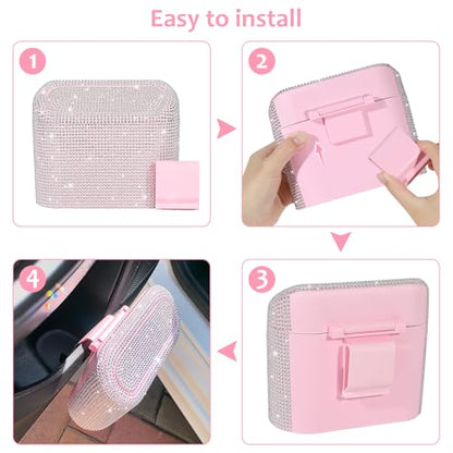 Bling Car Trash Can with Lid (Light Pink/White Rhinestone)