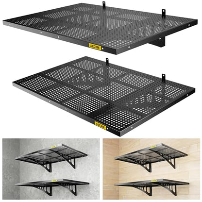 2 Pack 2x3ft Adjustable Garage Wall Shelving 560lbs Load Capacity Heavy Duty Wall Mounted Storage Shelf Metal Floating Shelves for Garage (2pack-2x3ft / Black)