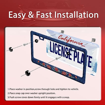 Blue Flower Jean License Plate Frame Stainless Steel Car Accessory 6.3x12.3 (Flower Blue Jean Design)