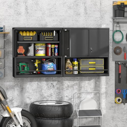 Locking Metal Garage Wall Cabinet with Doors and Shelf (Black / 31"H)