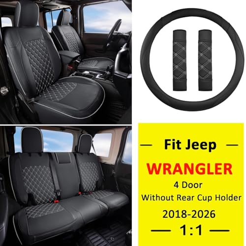 Wrangler JL Seat Covers Custom Fit for Jeep Wrangler (Black&Gray / 18-26 JL 4 Door Without Rear Cup Holder Full Set)