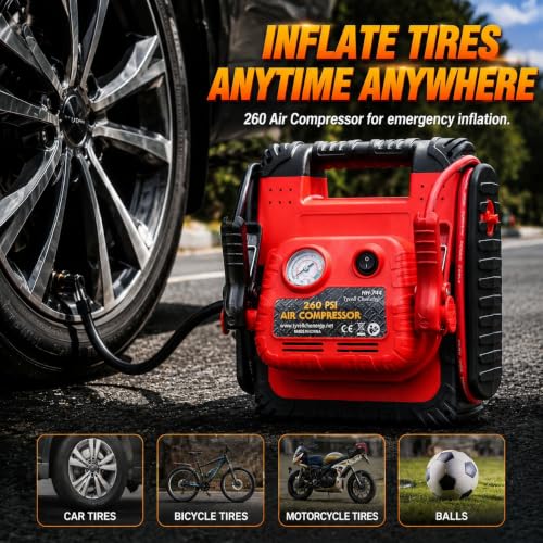 New Upgrade Car Battery Jump Starter & Portable Air Compressor (Red)