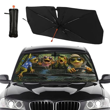 Frog Driving Car Windshield Sun Shade Umbrella Bendable Handle Foldable Funny Frog Driving Sunshade for Car Windshield Block UV Rays Keep Vehicle Cool for Most Sedans SUV Trucks Cars 57"x30" (147*75cm,33*11cm / Funny Frog Driving)