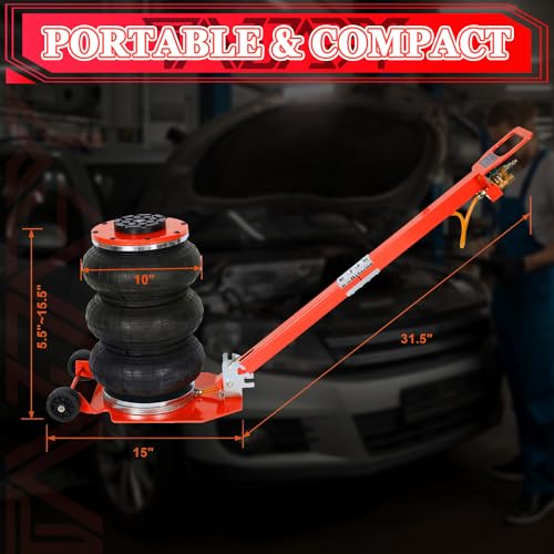 3T Triple Bag Air Jack 6600lbs Pneumatic Jack 3s Fast Lift Up 16in Airbag Jack with Adjustable Long Handle Heavy Duty Triple Air Bag Jack Lift for Cars Garage (3 Ton / red)