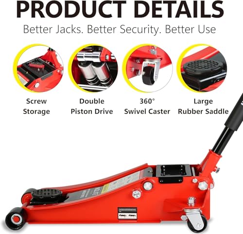 3 Ton Low Profile Floor Jack (Red - 3 Ton(Dual Pump), Lift 3.3"-18.5")