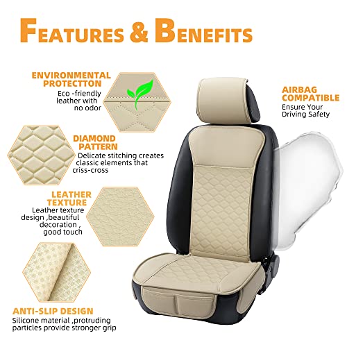 Leather Car Seat Covers Front 2PC Waterproof Universal Fit Beige (Beige)
