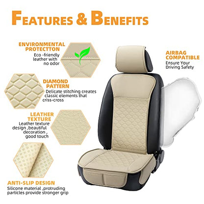 Leather Car Seat Covers Front 2PC Waterproof Universal Fit Beige (Beige)