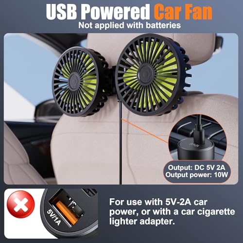 Dual Head USB Car Cooling Fans for Backseat Kids 3 Adjustable Speeds (Black+Silver)