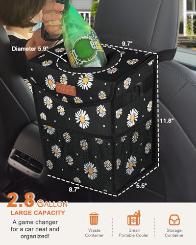 Car Trash Can with Lid Leakproof Car Garbage Bag Vehicle Trash Bin (2.8 Gallons / Black Flower)