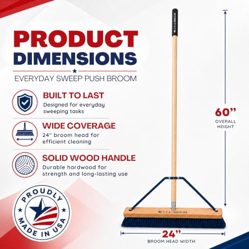 4-Pack - 24" Blue Everyday Sweep Indoor/Outdoor Push Broom with 60" Handle. Ideal for Garages & Shops. Durable American Made Steel Brackets-All Stainless Steel Hardware. No Plastic. 100% USA Made (Style Everyday Sweep - Blue / 4 Pack)