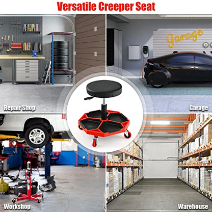 Rolling Mechanic Stool with Removable Tool Tray & Padded Cushion (Bottom Tool Tray / Red)
