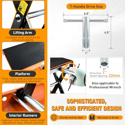 Motorcycle Lift Jack 1100 LBS Scissor Jacks Stand Lift with Wide Deck Safety Pin Handle 3.4" (Orange w Safety Pin)