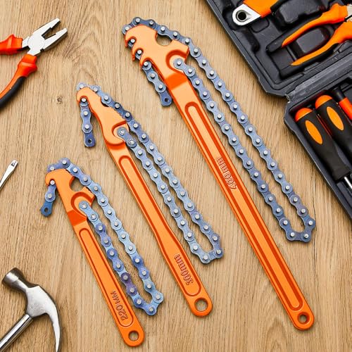 3 Pcs Large Reversible Chain Oil Filter Wrench with 12 16 9 Inch Chain Wrench Adjustable Heavy Duty Carbon Steel Sturdy Pipe Fitting Tool Spanner for Ratcheting Universal (Orange)