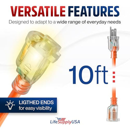 10ft Outdoor Indoor Extension Cord 10 (10 FT / 10AWG / Orange)