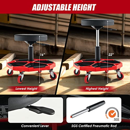 Mechanic Stool with Wheels (Red / Tool Tray)