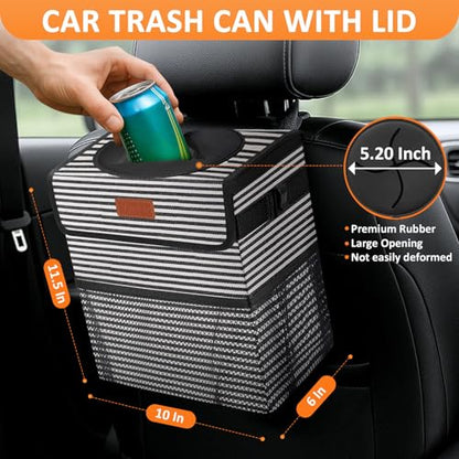 Car Trash Can with Lid Leak Proof Car Accessories for Women (3 Gallons / Stripe)