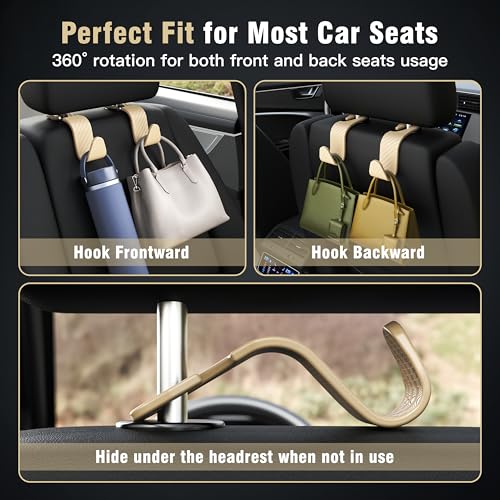 4 Pack Car Headrest Hooks Holds 55lbs Seat Storage Organizer for Bags (L-Beige Check)