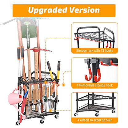 Garden Tool Organizer with Wheels and Storage Hooks (Corner Rack)