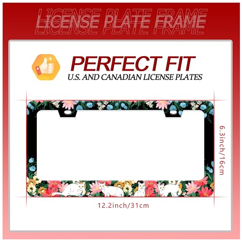 Cute Cat Flowers License Plate Frame Stainless Steel 2 (Cat Flowers)
