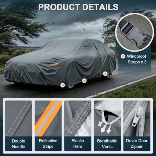 16 Layers Large Car Cover Waterproof All Weather for Sedan Coupe (1 Sedan Car Cover / 1 Fit Sedan Length 211-220 inch)