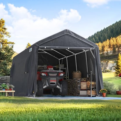 10X20 ft Carport Heavy Duty Outdoor Patio Portable Canopy Storage Shelter Shed with 2 Rolled up Zipper Doors & Vents for Snowmobile Garden Tools (Dark Gray / 10'x20')