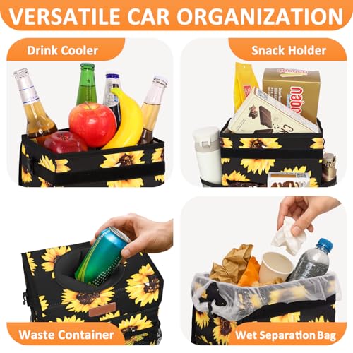 Car Trash Can with Lid Leak Proof Car Accessories for Women (3 Gallons / Sunflower)