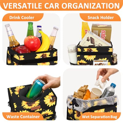 Car Trash Can with Lid Leak Proof Car Accessories for Women (3 Gallons / Sunflower)