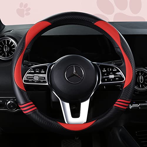 Car Steering Wheel Covers for Women Girl Padded Carbon Fiber PU Leather Cute Cartoon Auto Interior Accessories for Jeep (Red+Black / Large Size[15.2-16"](38.6-40.5cm))